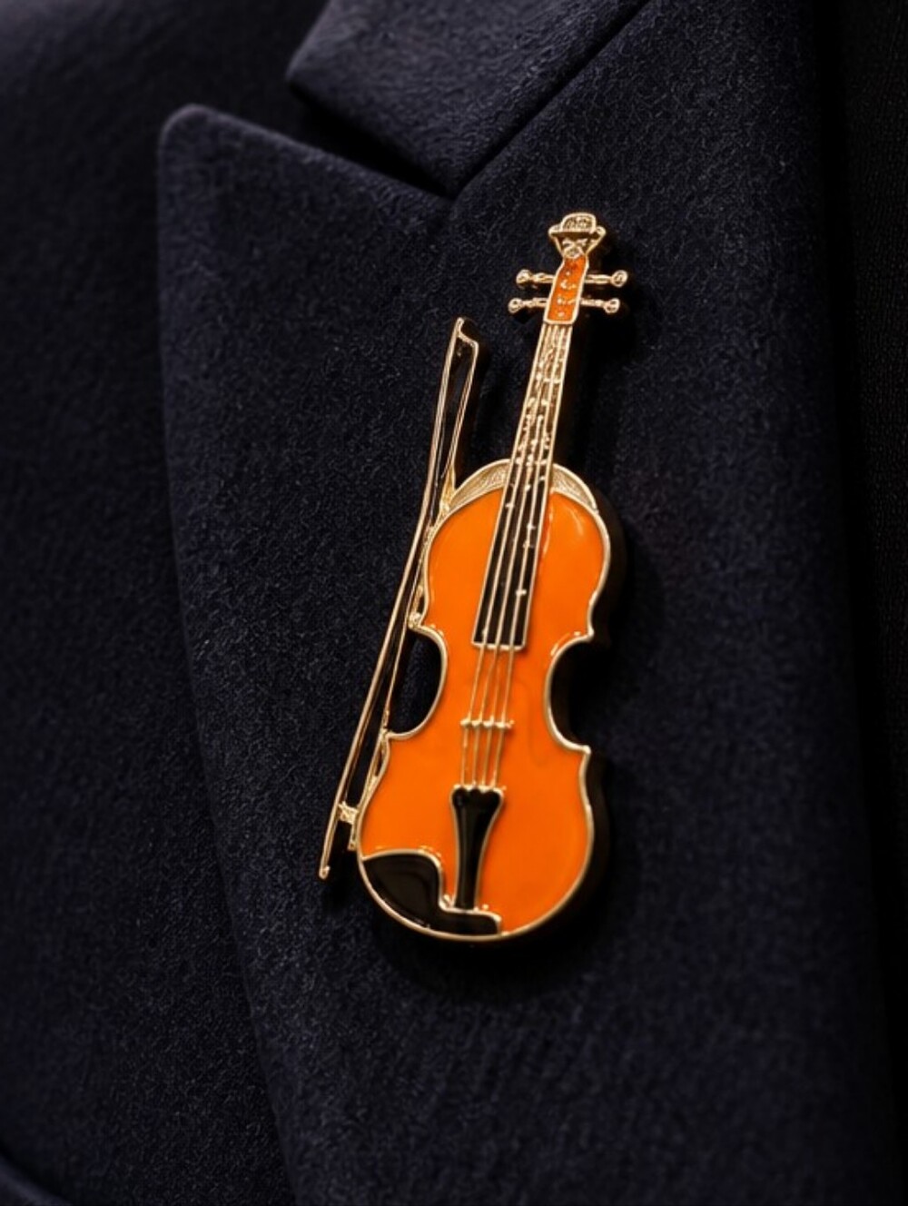 Violin Brooch Gold Orange Enamel Bow Orchestra Music Teacher Violinist Pin